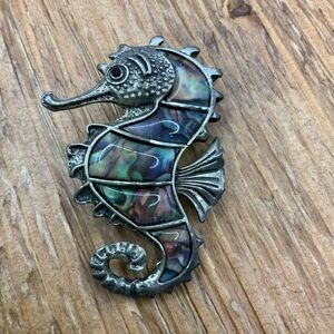 Seahorse Coastal Gun Metal Abalone Shell Inlay Brooch Pendant